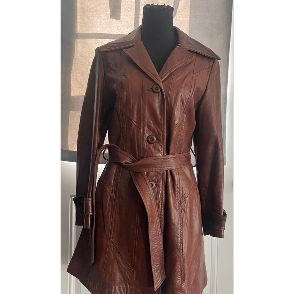 Vintage 1970s Skins Gear Brown Leather Belted Coat Napa y Ante Mexico Small